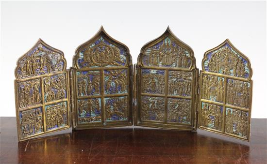 A 19th century Russian brass and champleve enamel four fold icon, open 15.75in.